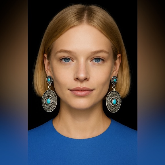 Cow Girl Turquoise Stone Silver Drop Earrings - Picture 3 of 14